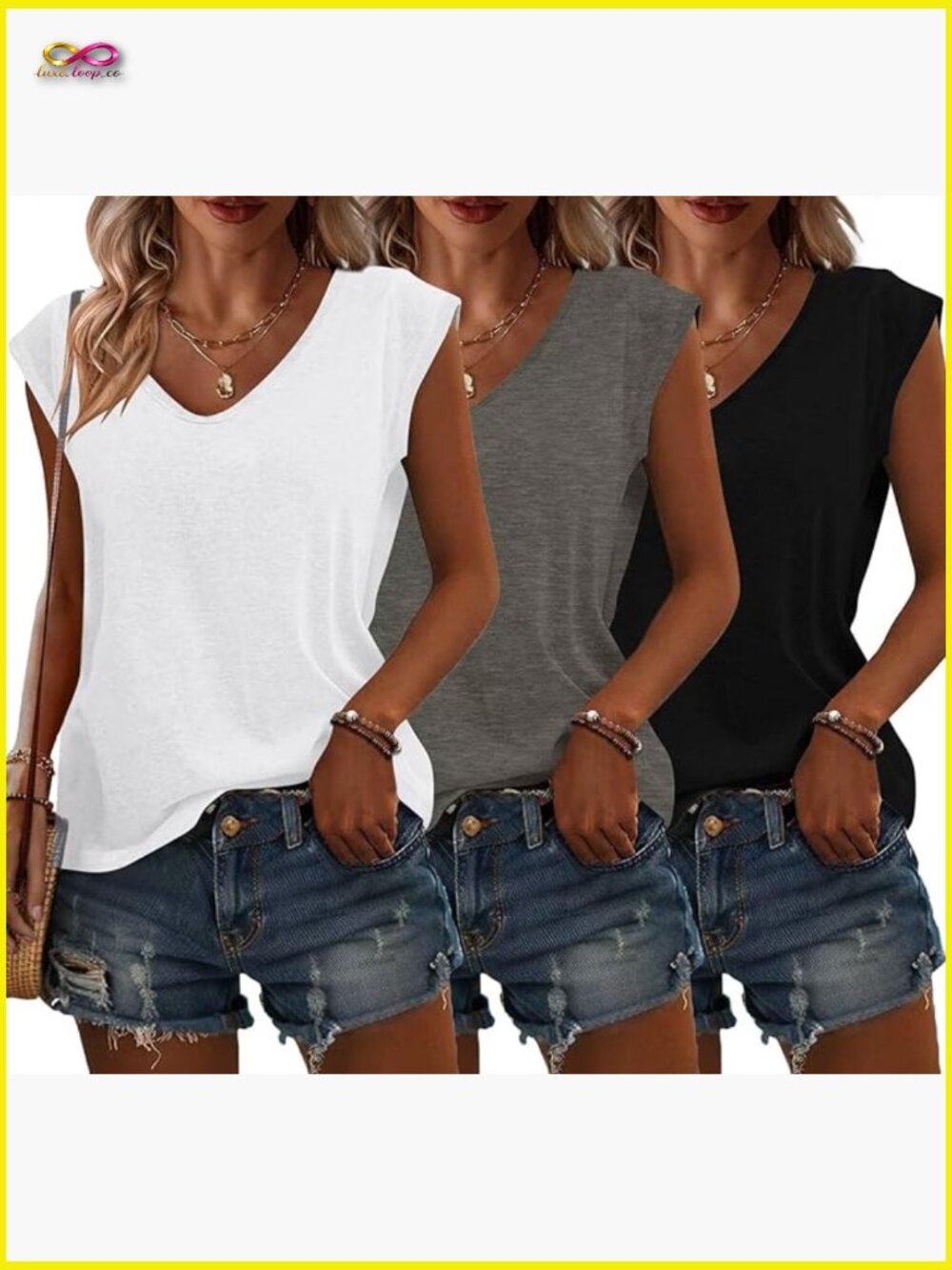 3 Pack Cap Sleeve V Neck Tops Loose Fit Basic Tee Summer Blouse Workout Clothes